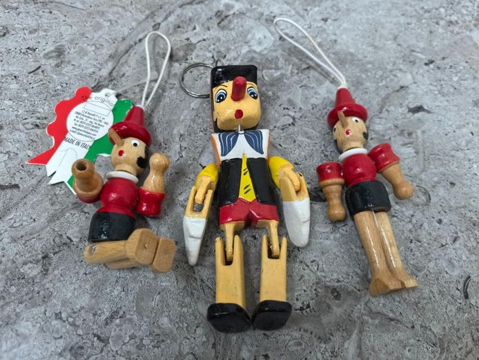 Trio Of Articulated Italian Wooden Pinocchio Hanging Ornaments