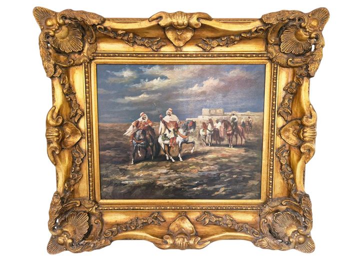 Arabian Horsemen Oil Painting in Heavy Ornate Gilded Frame