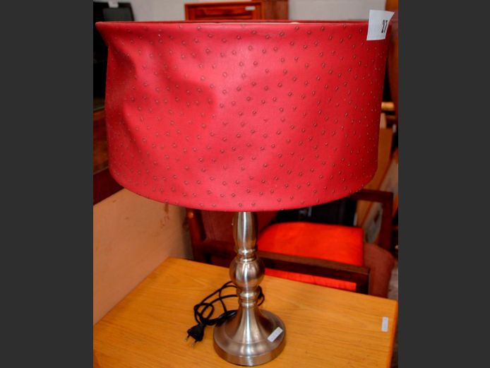 BRUSHED STEEL TABLE LAMP WITH SHADE, 45cm Diameter x 61cm High [Shade damaged]