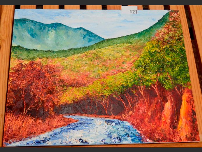 UNFRAMED OIL ON CANVAS "MOUNTAIN & RIVER SCENE", 71 x 55cm