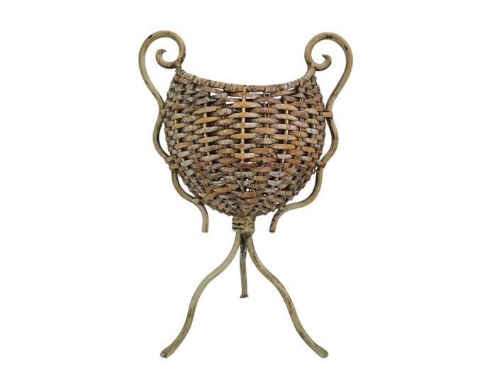 Vintage Woven Rattan and Metal Jardiniere Stand