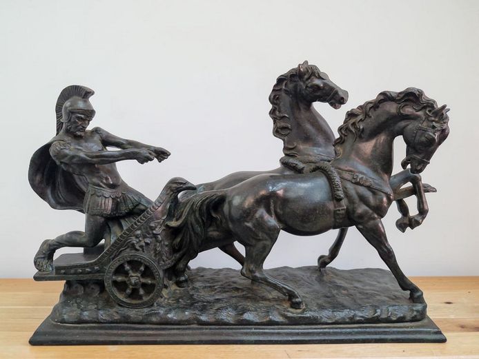 Large Classical Roman Chariot Sculpture in Heavy Resin Composition