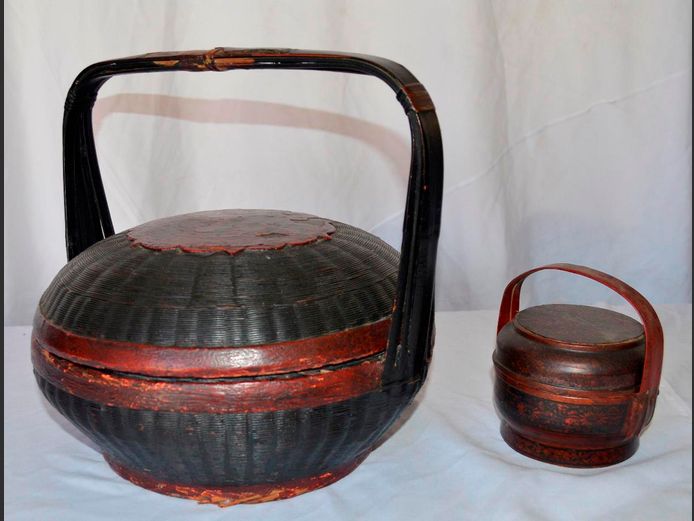 ANTIQUE CHINESE WEDDING BASKET & SMALL WOODEN LIDDED BOWL, 33cm Diameter x 33cm High & 15cm Diameter x 14cm High