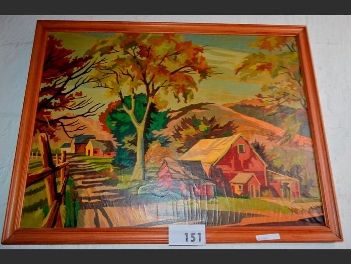 OAK FRAMED OLEOGRAPH "FARM HOUSES", 59 x 44cm