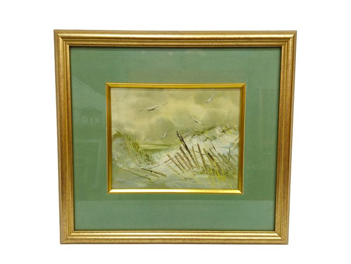 Framed Impressionist Coastal Dunes & Seagulls Oil Painting