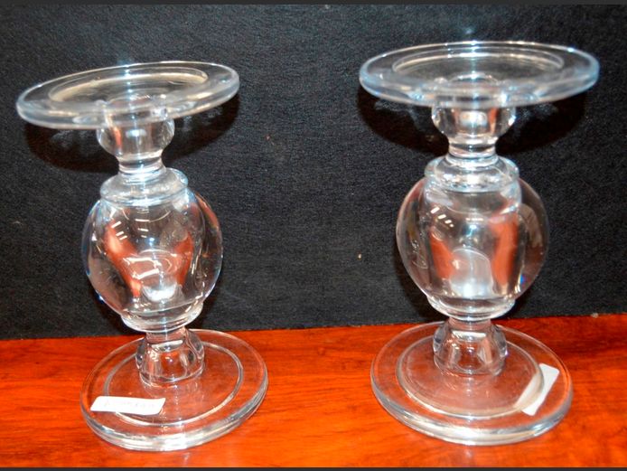 PAIR HEAVY GLASS CANDLE STANDS, 11cm Diameter x 19cm High