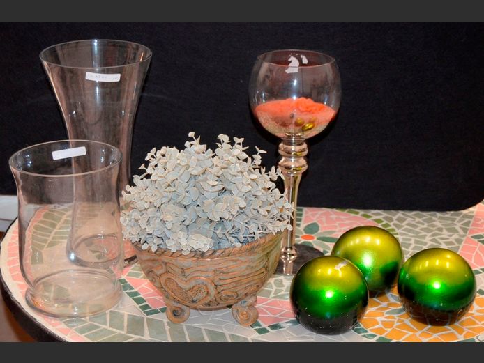 GLASS VASES, WINE GLASS SHAPED CANDLE HOLDER, etc