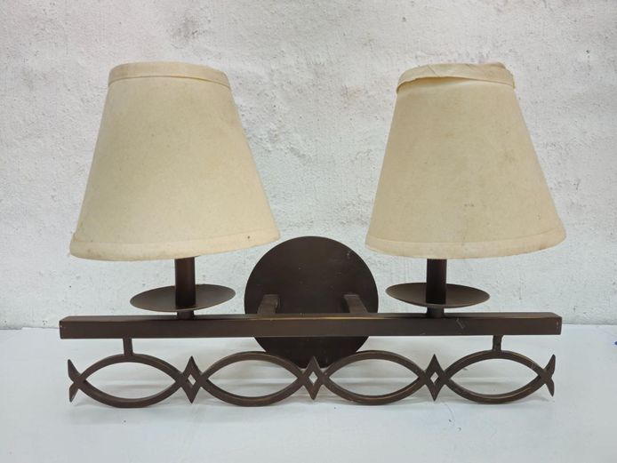 Vintage Double-Light Brass Wall Sconce with Fabric Shades