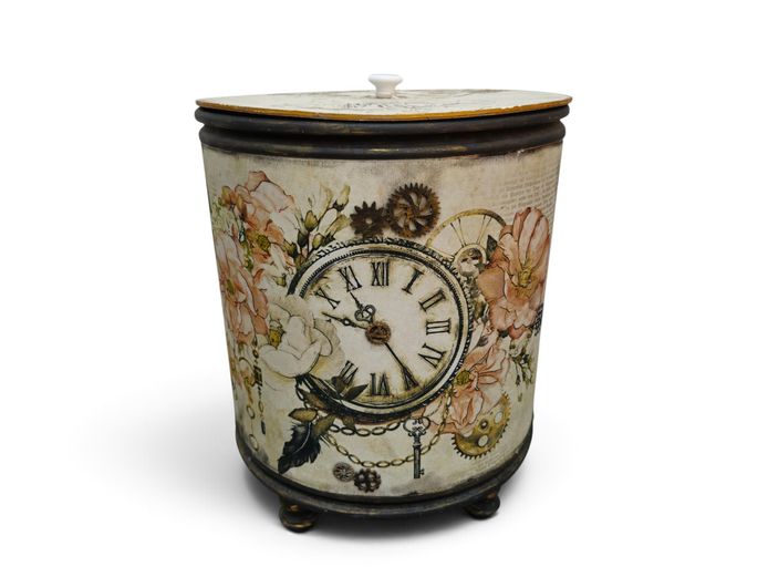 Vintage Steampunk & Botanical Fabric-Vinyl Covered Wooden Storage Drum