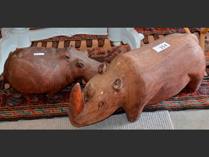 CARVED HIPPO, 35 x 20 x 24cm, & RHINO, 65 x 20 x 27cm