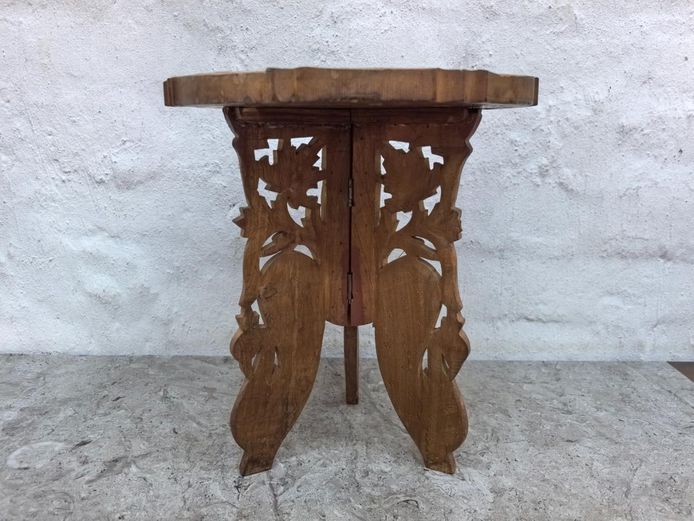 Anglo-Indian Carved Wood Folding Side Table with Brass Inlay (c. Mid-20th Century)