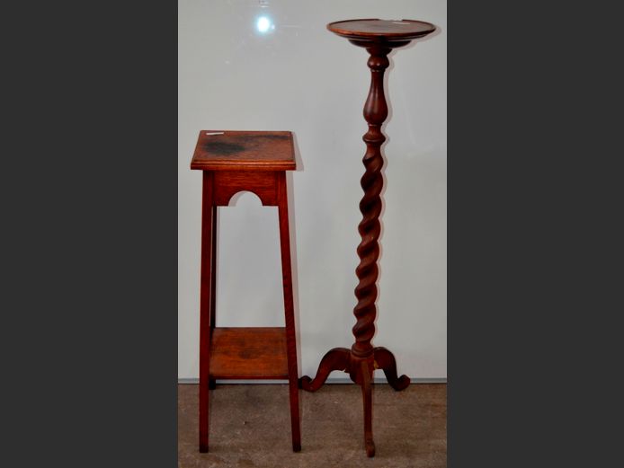 LOT OF 2 GUERIDONS: IMBUIA BARLEY TWIST, 26cm Diameter x 120cm High, & OAK, 25 x 25 x 92cm [Some losses to Imbuia]