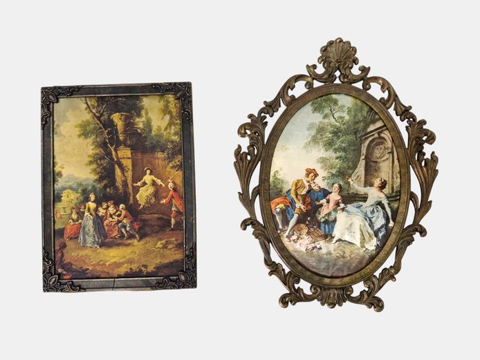 Pair of Vintage Rococo-Style Canvas Prints in Ornate Brass-Tone Frames