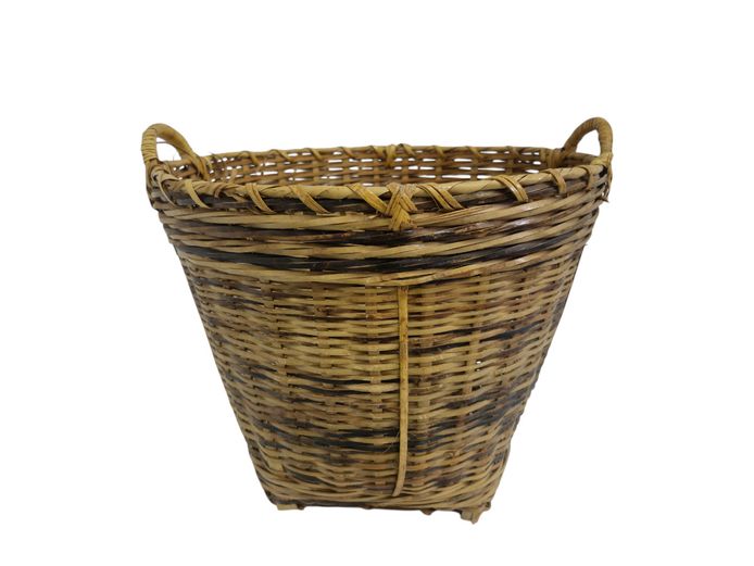 Vintage Japanese Woven Cane Gathering Basket with Wooden Handles