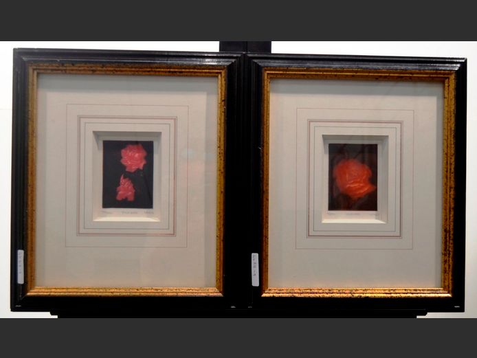 PAIR GILT FRAMED PRINTS TITLED "RED ROSE" & "PINK ROSE", PENCIL SIGNED CREES, NUMBERED 36/250 & 17/250, 9.9cm x 12.4cm