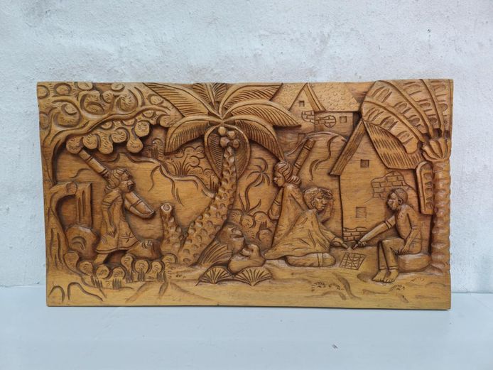 Vintage Hand-Carved Wood Relief Panel Depicting Village Life