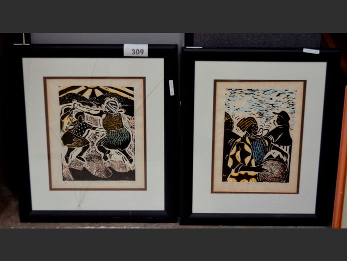 PAIR FRAMED LITHOGRAPHS "DRUM BEATER" & "OVERJOY WELCOME" BY D. HLONGWANE, 30 x 22cm & 29.5 x 21cm [Glass needed to 1]