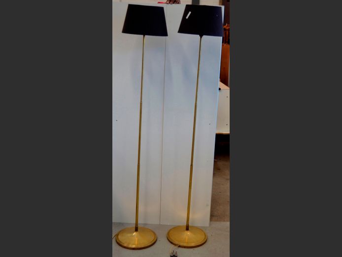 PAIR BRASS STANDING LAMPS WITH SHADES, 165cm High