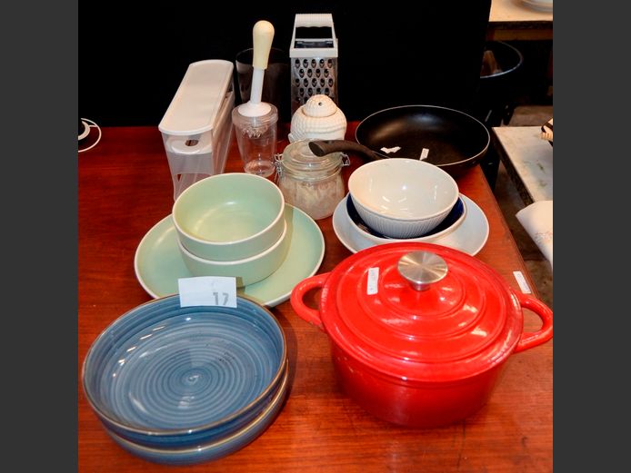 LOT: RED ENAMEL & CAST IRON POT, FRYING PAN, PLATES, etc