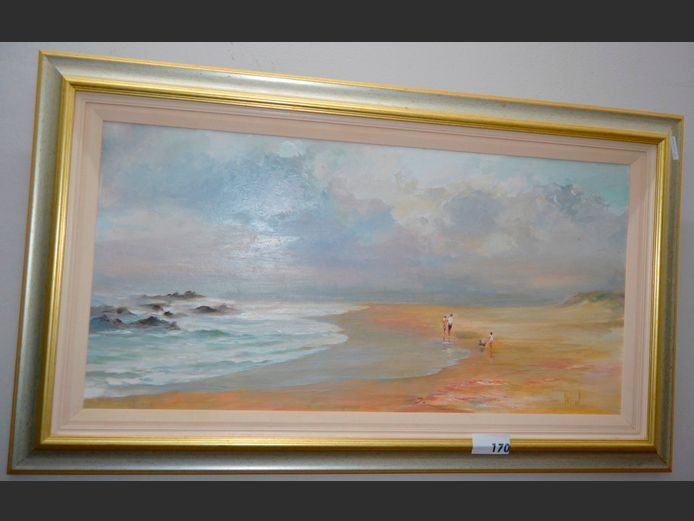 GILT FRAMED OIL ON BOARD "BEACH WALK", 98 x 48cm