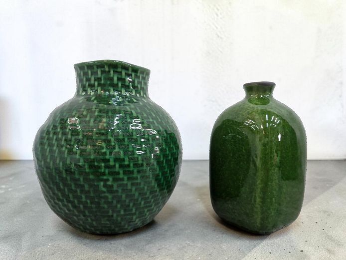 Pair of Emerald Green Crackle-Glazed Studio Pottery Vases