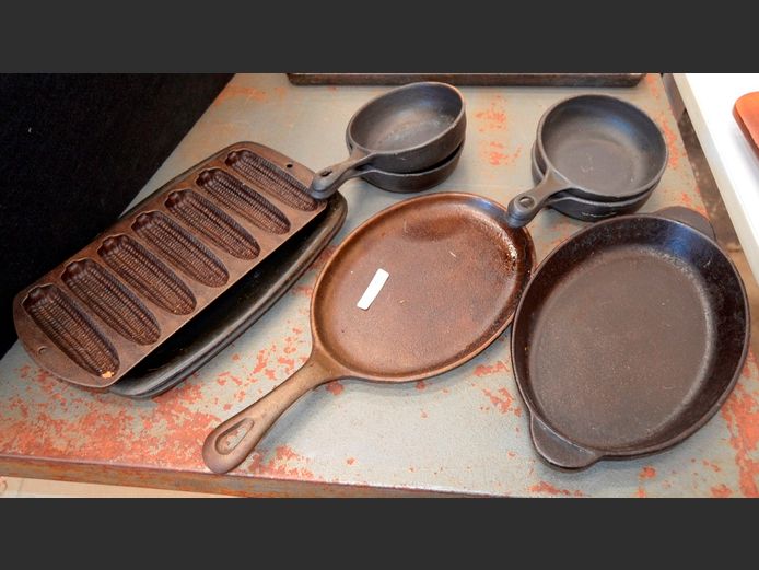 VINTAGE CAST IRON CORN BREAD PAN, CAST IRON MELTING POTS, etc