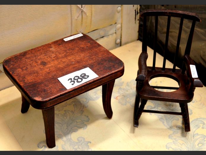 MINIATURE TABLE & MINIATURE ROCKING COMMODE ARMCHAIR