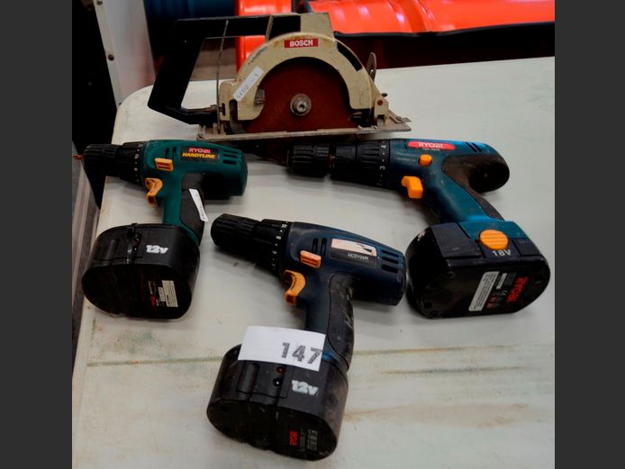 LOT: 3 x RYOBI CORDLESS DRILLS [Untested, No chargers] & A CIRCULAR SAW ATTACHMENT