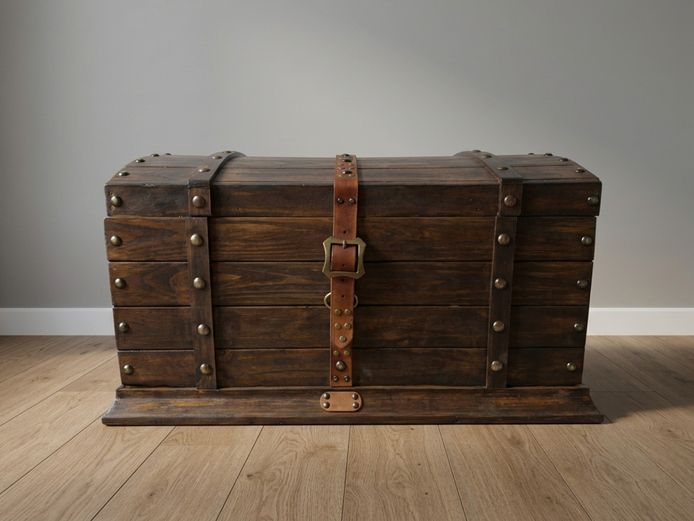 Rustic Style Domed Wooden Storage Chest with Leather Strap and Brass Hardware
