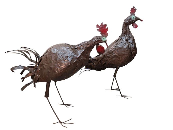 Pair of Rustic Sheet Iron Rooster Garden Sculptures