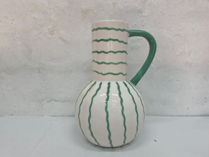 Contemporary Green and White Striped Ceramic Pitcher Vase