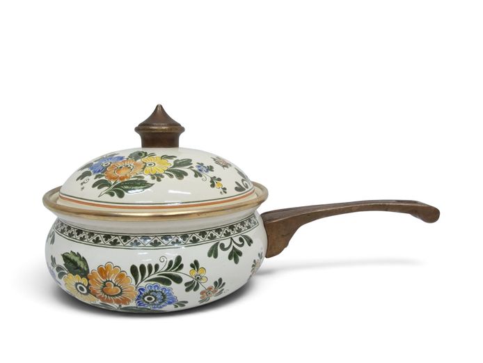 1970's ASTA German Enamelware Saucepan with 24K Gold-Plated Rim & Brass Handle