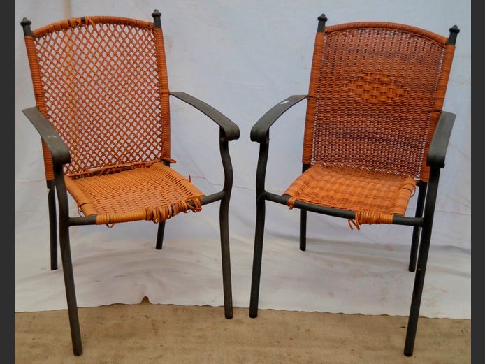 PAIR ALL WEATHER RATTAN PATIO ARMCHAIRS [Rattan needs replacing]