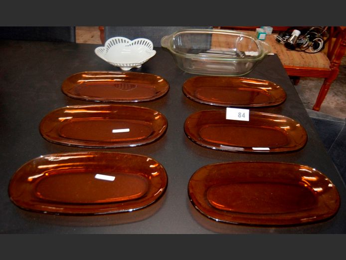 SET OF 6 VINTAGE AMBER GLASS PLATTERS, etc