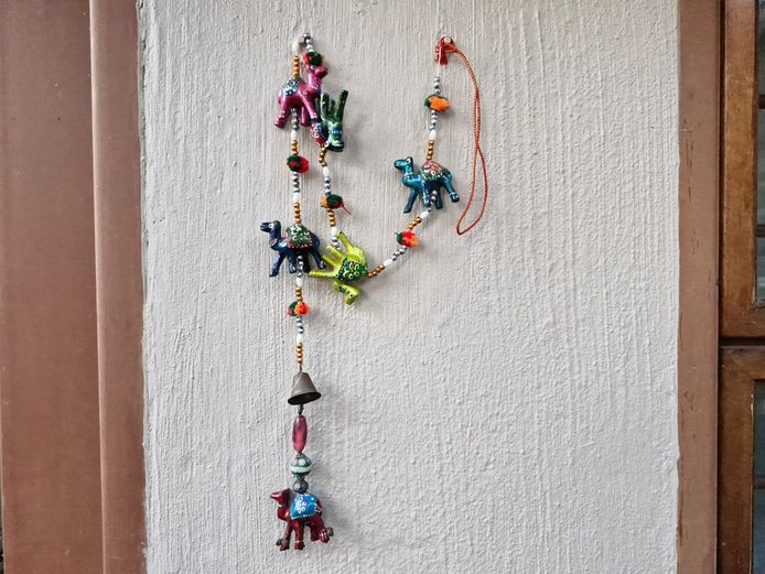 Hand-Painted Indian Camel & Elephant Beaded Hanging Charm with Bell