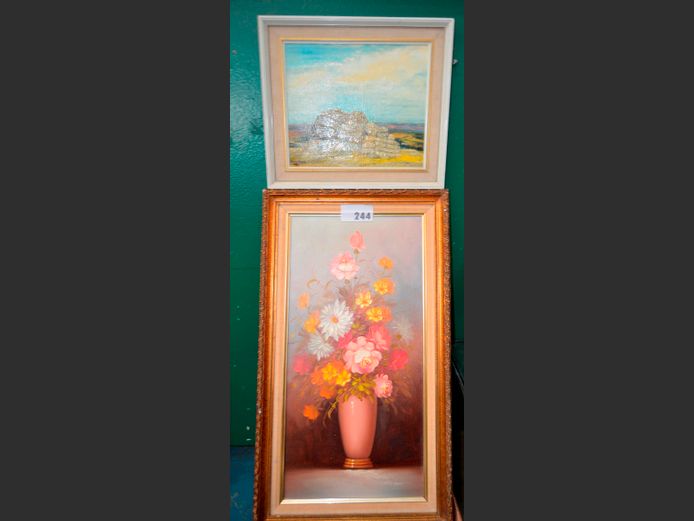 LOT OF 2 FRAMED OILS ON BOARD: FLOWERS & ANOTHER, 59 x 29cm & 28.5 x 24cm
