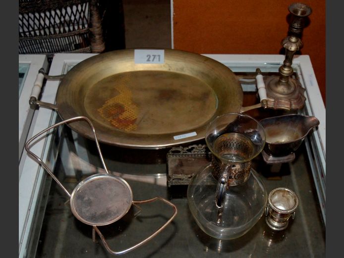 SILVER PLATE TRAY, CANDLESTICK, GRAVY BOAT, etc