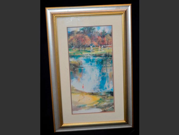 FRAMED WATERCOLOUR "PLAYING GOLF" SIGNED BRENT HOUGHTON, 60 x 28cm