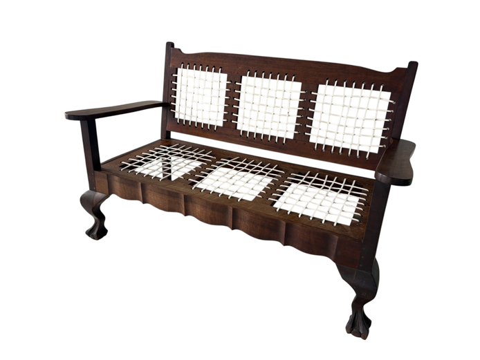 Vintage Ball & Claw Hardwood Bench / Settee with Woven Lattice Back & Seat