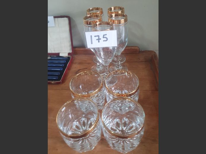 SET OF 5 GOLD RIMMED CHAMPAGNE GLASSES & SET OF 5 GOLD RIMMED WHISKEY GLASSES