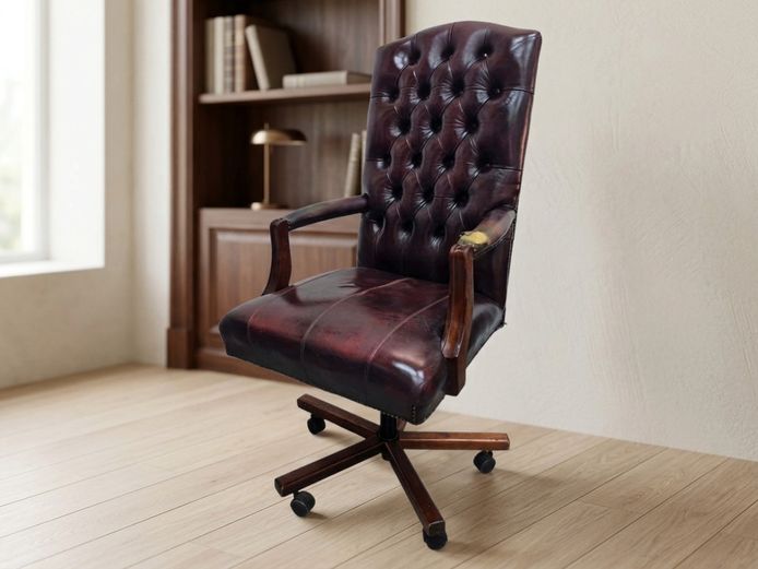 Vintage Chesterfield Style Deep-Buttoned Faux Leather Executive Swivel Armchair