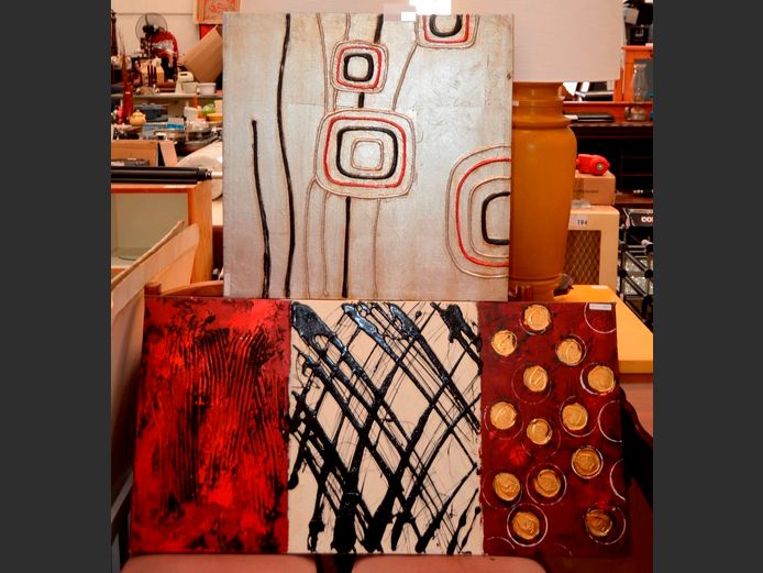 LOT OF 2: UNFRAMED ABSTRACT OILS ON CANVAS, 100 x 50cm & 60 x 60cm