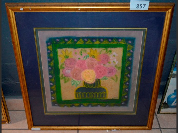 FRAMED UNUSUAL FABRIC ARTWORK "FLOWERS", 38 x 36cm