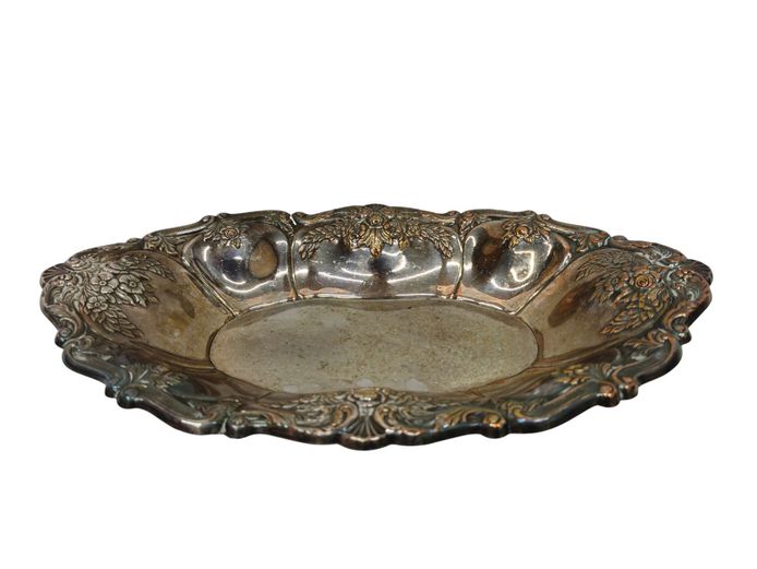Ornate Vintage Silver-Plated Repoussé Oval Serving Bowl