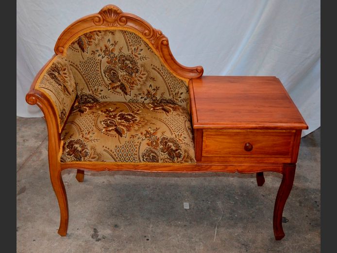 CARVED KIAAT TELEPHONE TABLE WITH DRAYLON UPHOLSTERED SEAT, 100 x 48cm