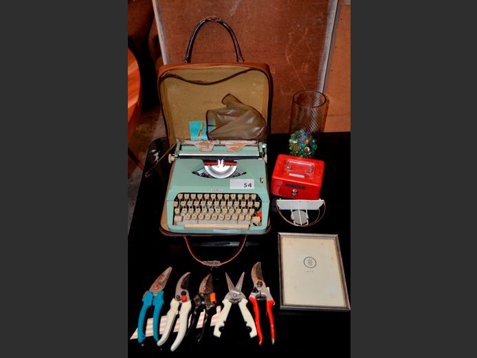 VINTAGE EVEREST TYPEWRITER IN CASE, GARDEN SHEARS, RED CASH BOX, etc [13,17]