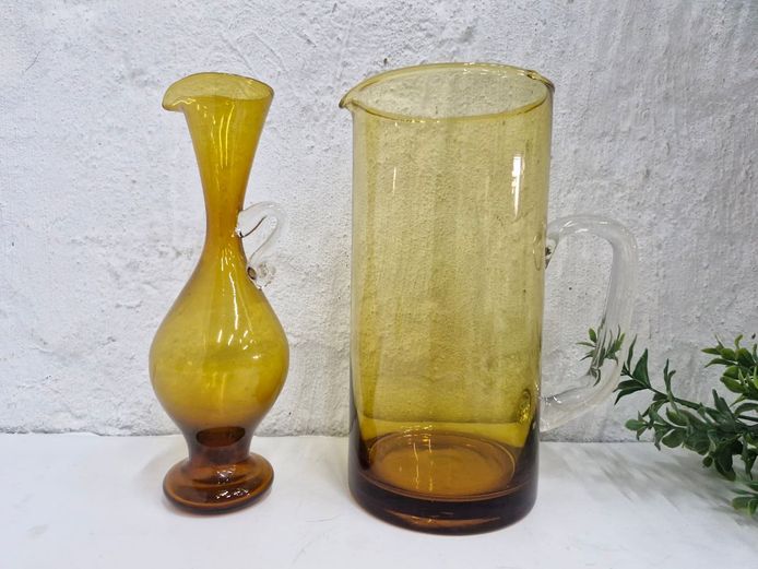 Vintage Hand-Blown Amber Glass Pitcher and Cruet