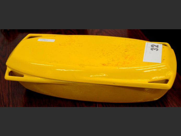 MICHAEL LAX, NACCO F1, YELLOW CAST IRON FISH POACHER, 40 x 16 x 10cm