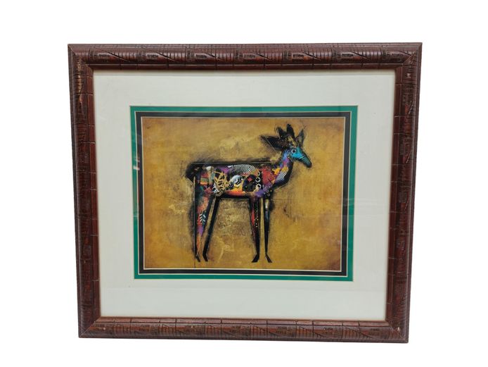 Hand Carved Framed Contemporary Mixed-Media Antelope Artwork