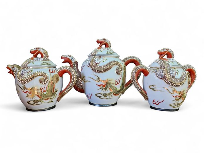 Vintage 3-Piece Japanese Moriage Dragonware Tea Pots